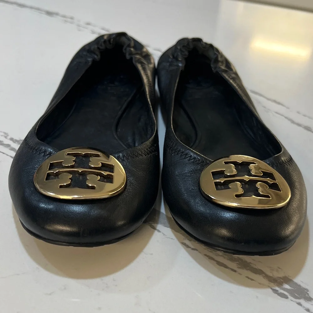 Tory Burch Reva leather Ballet Black Flats with Gold Logo size 8M